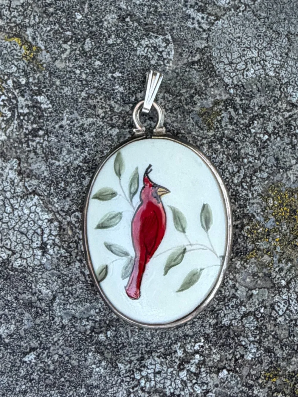Vintage Sterling Ceramic Red Cardinal Oval Pendant Charm